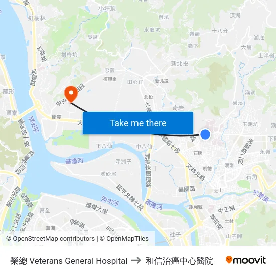 榮總 Veterans General Hospital to 和信治癌中心醫院 map