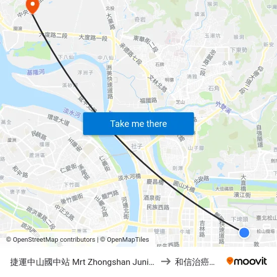 捷運中山國中站 Mrt Zhongshan Junior High School Sta. to 和信治癌中心醫院 map