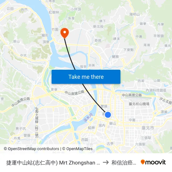 捷運中山站(志仁高中) Mrt Zhongshan Sta. (Zhiren High School) to 和信治癌中心醫院 map