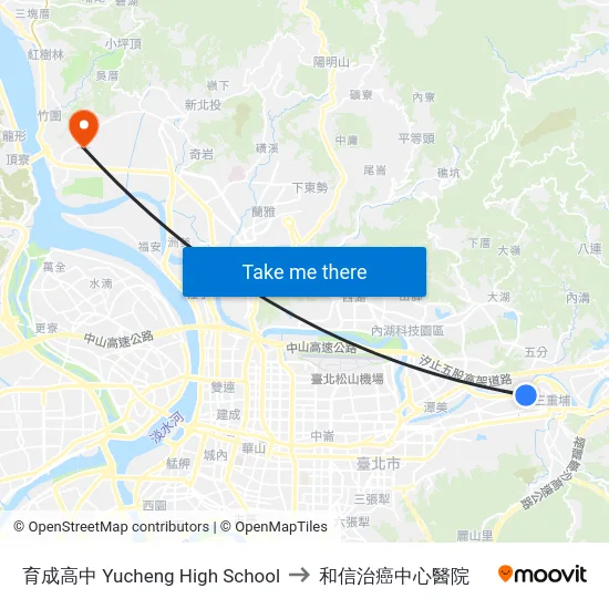 育成高中 Yucheng High School to 和信治癌中心醫院 map