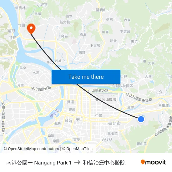 南港公園一 Nangang Park 1 to 和信治癌中心醫院 map