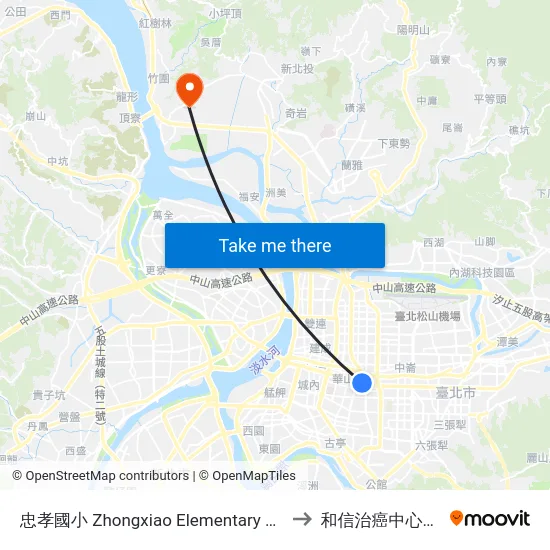 忠孝國小 Zhongxiao Elementary School to 和信治癌中心醫院 map