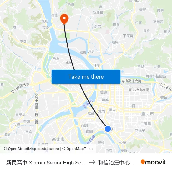 新民高中 Xinmin Senior High School to 和信治癌中心醫院 map