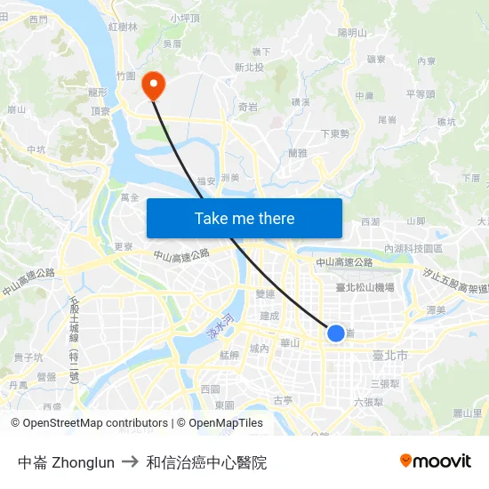 中崙 Zhonglun to 和信治癌中心醫院 map