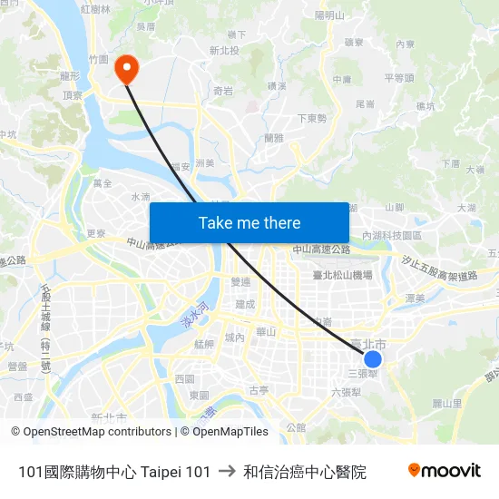 101國際購物中心 Taipei 101 to 和信治癌中心醫院 map