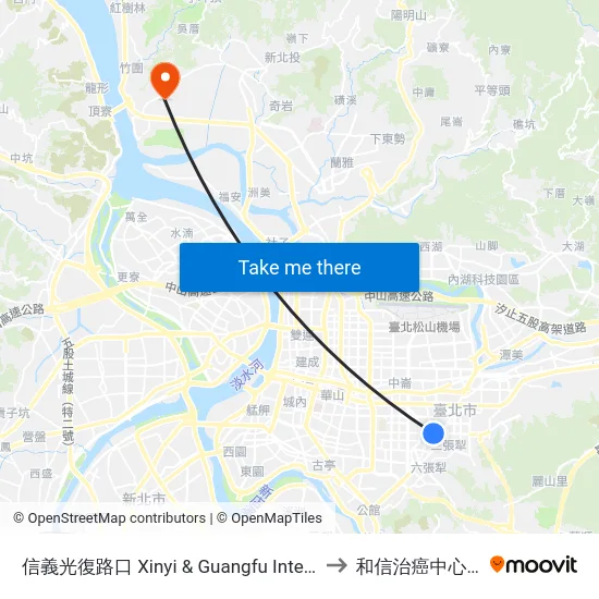 信義光復路口 Xinyi & Guangfu Intersection to 和信治癌中心醫院 map