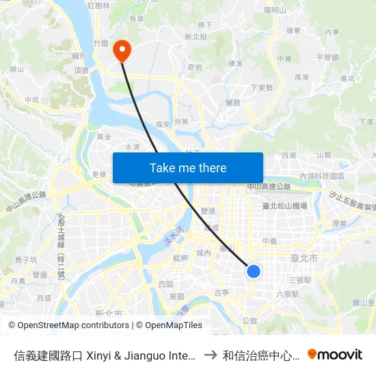 信義建國路口 Xinyi & Jianguo Intersection to 和信治癌中心醫院 map