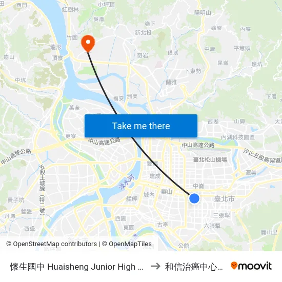 懷生國中 Huaisheng Junior High School to 和信治癌中心醫院 map