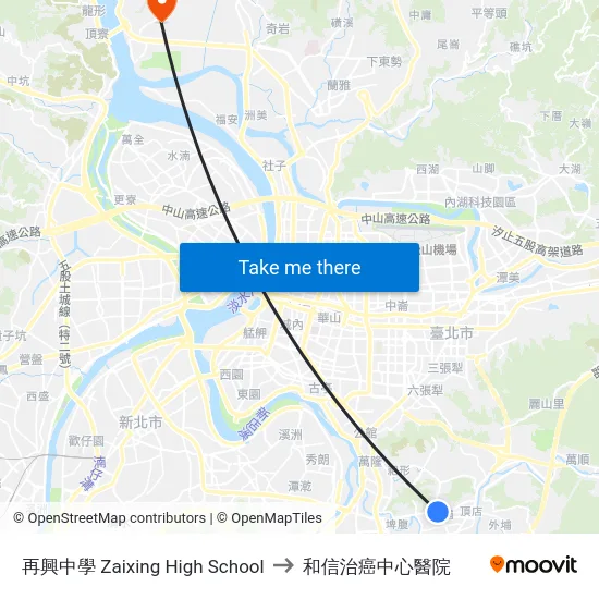 再興中學 Zaixing High School to 和信治癌中心醫院 map