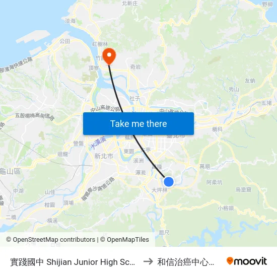 實踐國中 Shijian Junior High School to 和信治癌中心醫院 map