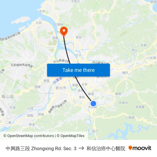 中興路三段 Zhongxing Rd. Sec. 3 to 和信治癌中心醫院 map