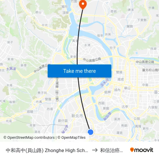 中和高中(員山路) Zhonghe High School(Yuanshan Rd.) to 和信治癌中心醫院 map
