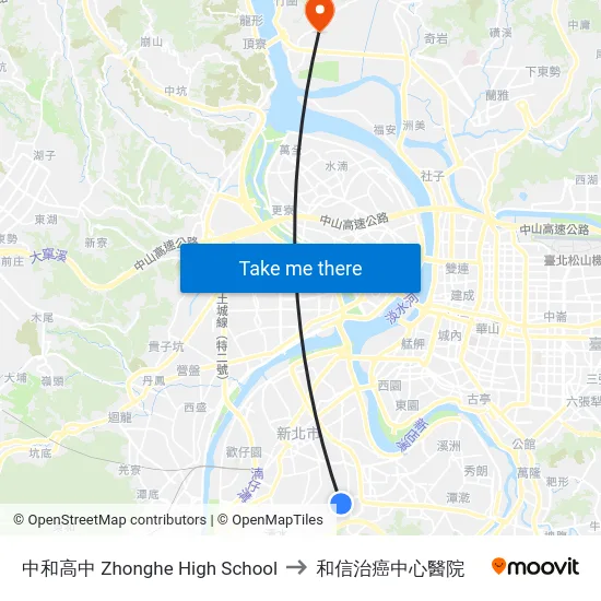 中和高中 Zhonghe High School to 和信治癌中心醫院 map