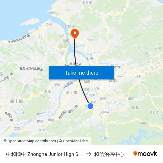 中和國中 Zhonghe Junior High School to 和信治癌中心醫院 map