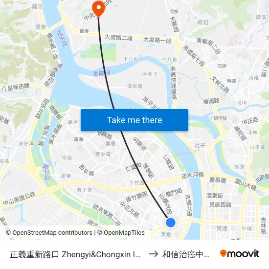 正義重新路口 Zhengyi&Chongxin Intersection to 和信治癌中心醫院 map