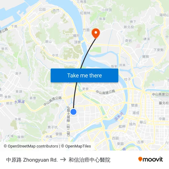 中原路 Zhongyuan Rd. to 和信治癌中心醫院 map