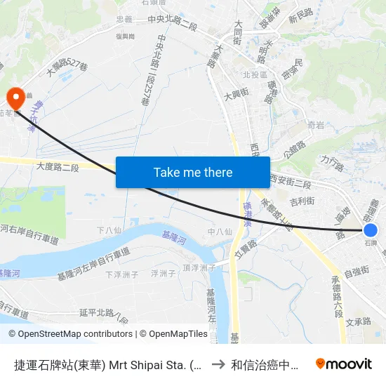 捷運石牌站(東華) Mrt Shipai Sta. (Donghua) to 和信治癌中心醫院 map