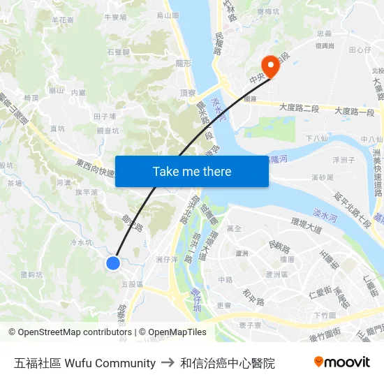 五福社區 Wufu Community to 和信治癌中心醫院 map