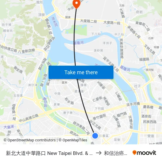 新北大道中華路口 New Taipei Blvd. & Zhonghua Intersection to 和信治癌中心醫院 map