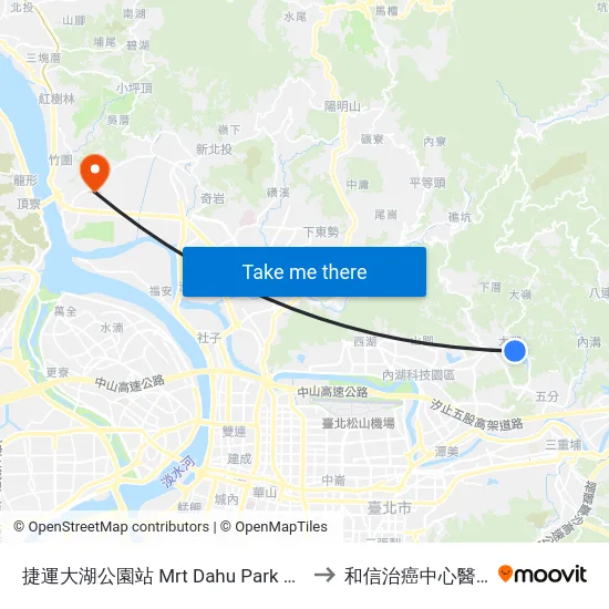 捷運大湖公園站 Mrt Dahu Park Sta. to 和信治癌中心醫院 map