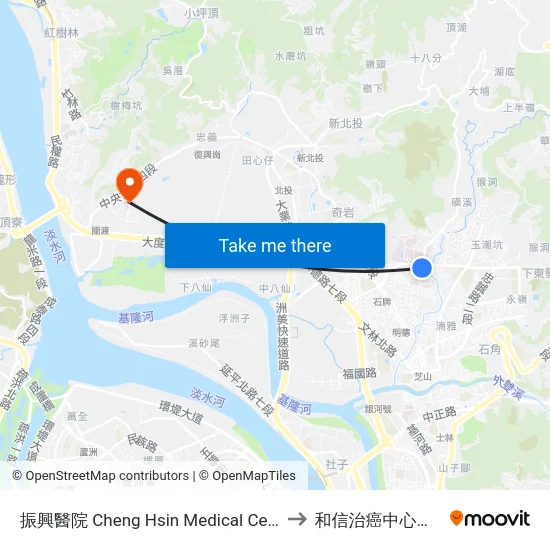振興醫院 Cheng Hsin Medical Center to 和信治癌中心醫院 map