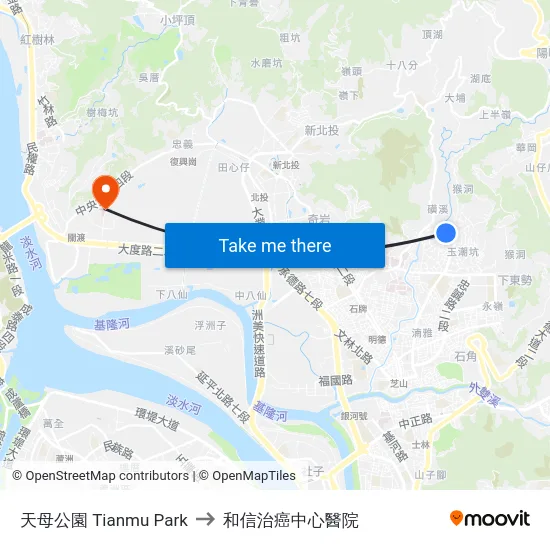 天母公園 Tianmu Park to 和信治癌中心醫院 map