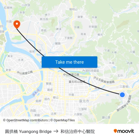 圓拱橋 Yuangong Bridge to 和信治癌中心醫院 map