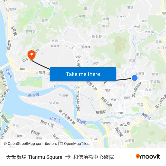 天母廣場 Tianmu Square to 和信治癌中心醫院 map