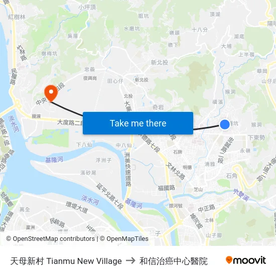 天母新村 Tianmu New Village to 和信治癌中心醫院 map