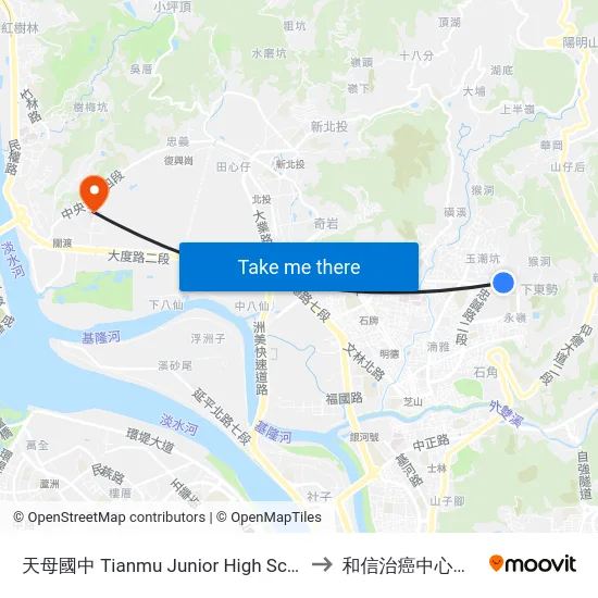 天母國中 Tianmu Junior High School to 和信治癌中心醫院 map