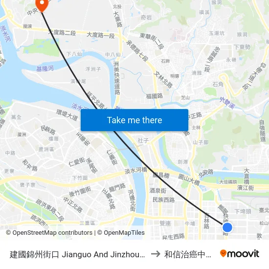 建國錦州街口 Jianguo And Jinzhou Intersection to 和信治癌中心醫院 map