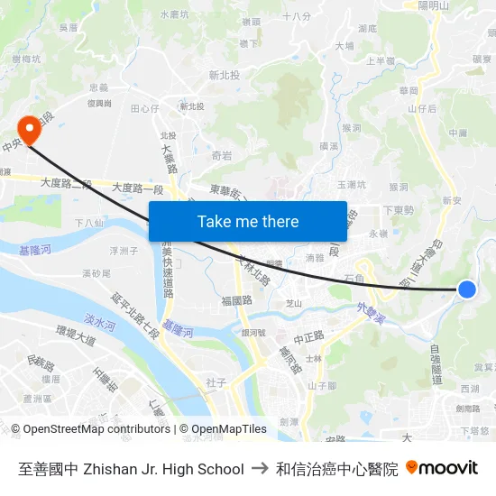 至善國中 Zhishan Jr. High School to 和信治癌中心醫院 map