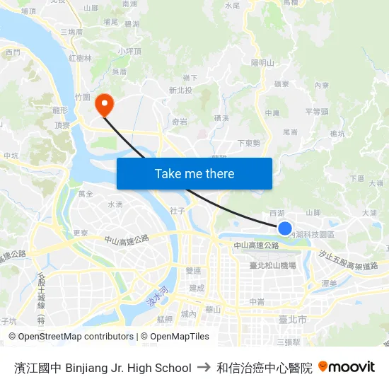 濱江國中 Binjiang Jr. High School to 和信治癌中心醫院 map