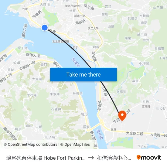 滬尾砲台停車場 Hobe Fort Parking Lot to 和信治癌中心醫院 map