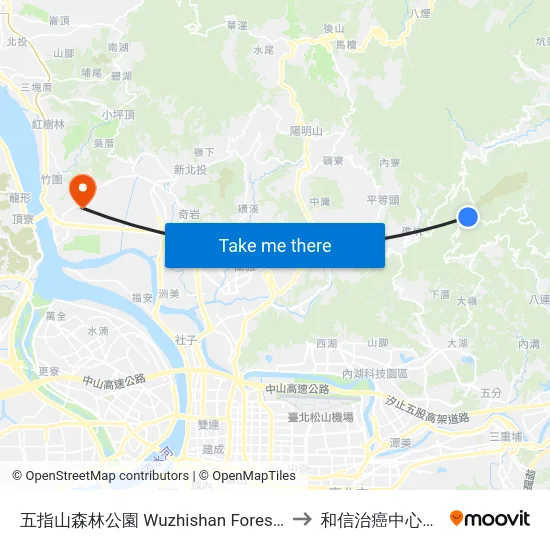 五指山森林公園 Wuzhishan Forest Park to 和信治癌中心醫院 map