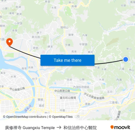 廣修禪寺 Guangxiu Temple to 和信治癌中心醫院 map