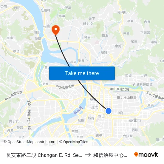 長安東路二段 Changan E. Rd. Sec. 2 to 和信治癌中心醫院 map