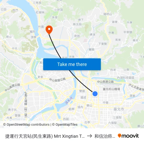 捷運行天宮站(民生東路) Mrt Xingtian Temple Sta. (Minsheng E. Rd.) to 和信治癌中心醫院 map