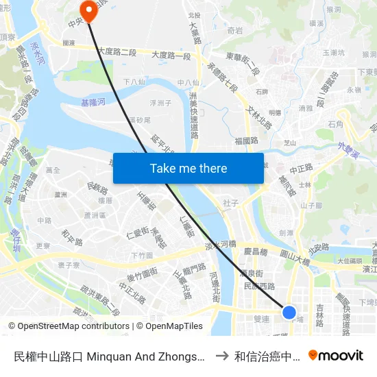 民權中山路口 Minquan And Zhongshan Intersection to 和信治癌中心醫院 map