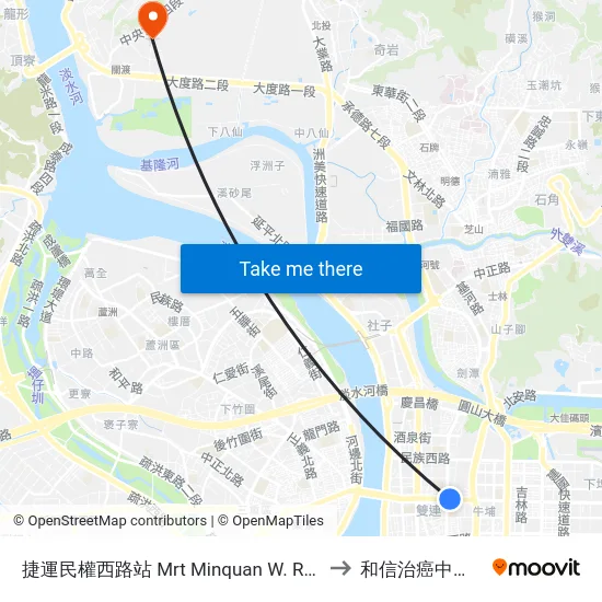 捷運民權西路站 Mrt Minquan W. Rd. Station to 和信治癌中心醫院 map