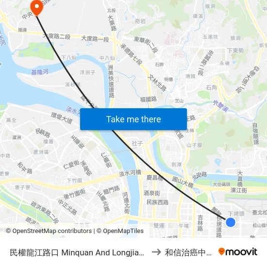 民權龍江路口 Minquan And Longjiang Intersection to 和信治癌中心醫院 map