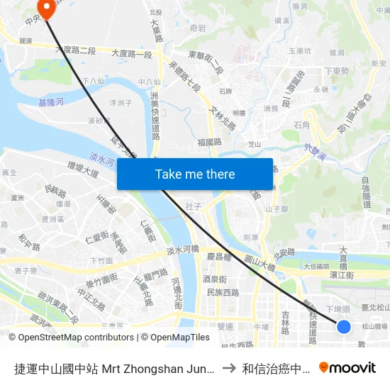 捷運中山國中站 Mrt Zhongshan Junior High School to 和信治癌中心醫院 map