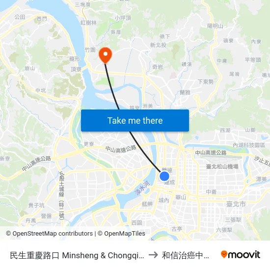 民生重慶路口 Minsheng & Chongqing Roads to 和信治癌中心醫院 map