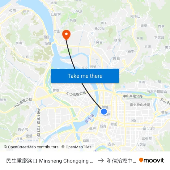 民生重慶路口 Minsheng Chongqing Road Intersection to 和信治癌中心醫院 map