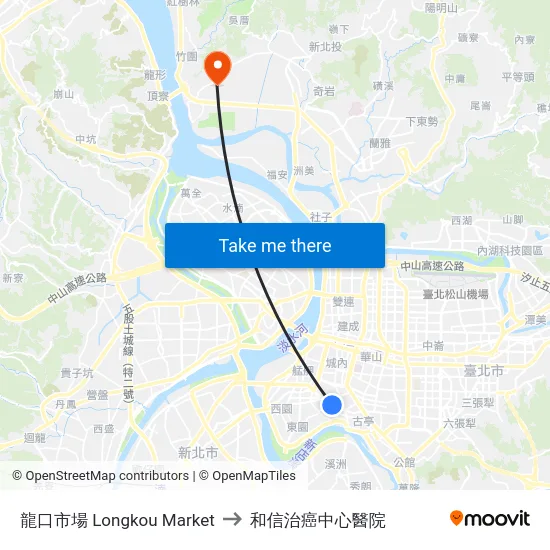 龍口市場 Longkou Market to 和信治癌中心醫院 map