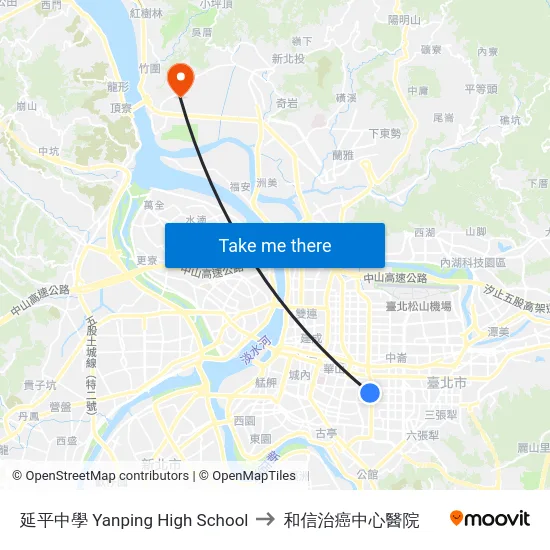 延平中學 Yanping High School to 和信治癌中心醫院 map