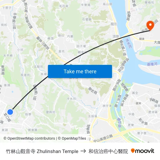 竹林山觀音寺 Zhulinshan Temple to 和信治癌中心醫院 map