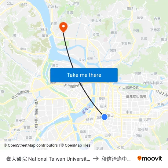 臺大醫院 National Taiwan University Hospital to 和信治癌中心醫院 map