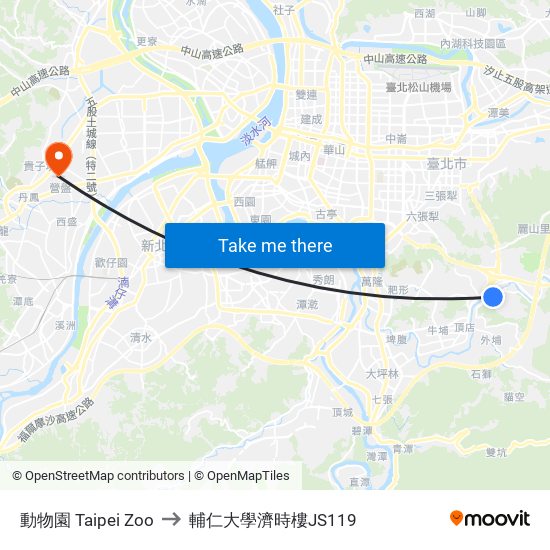 動物園 Taipei Zoo to 輔仁大學濟時樓JS119 map