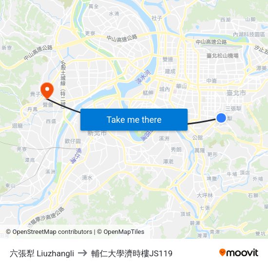 六張犁 Liuzhangli to 輔仁大學濟時樓JS119 map